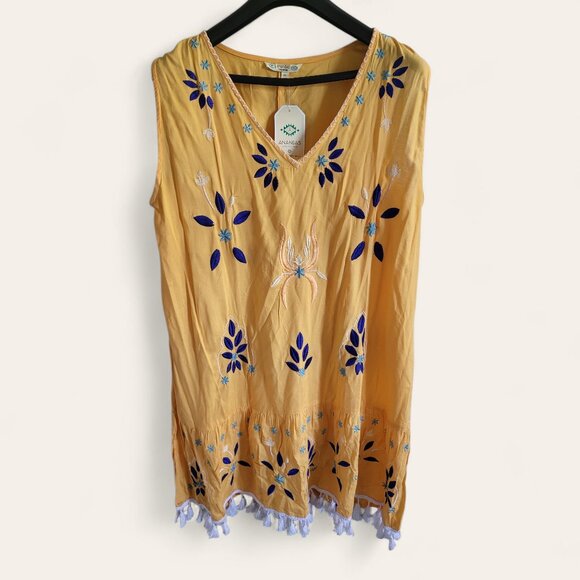 Anandas Collection Boho Floral Tassled Yellow Tank Dress Embroidered Womens XL - Picture 2 of 9